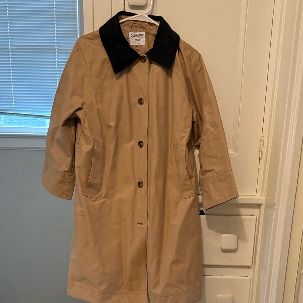Old Navy Tan Rain Trench Coat with Corduroy Black Collar, Petite S